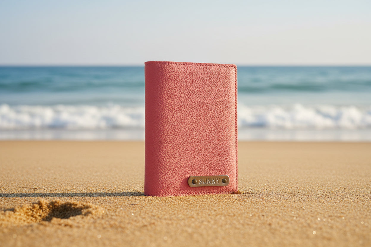 Pink leather wallet with 'SUNKI' branding on a beige background