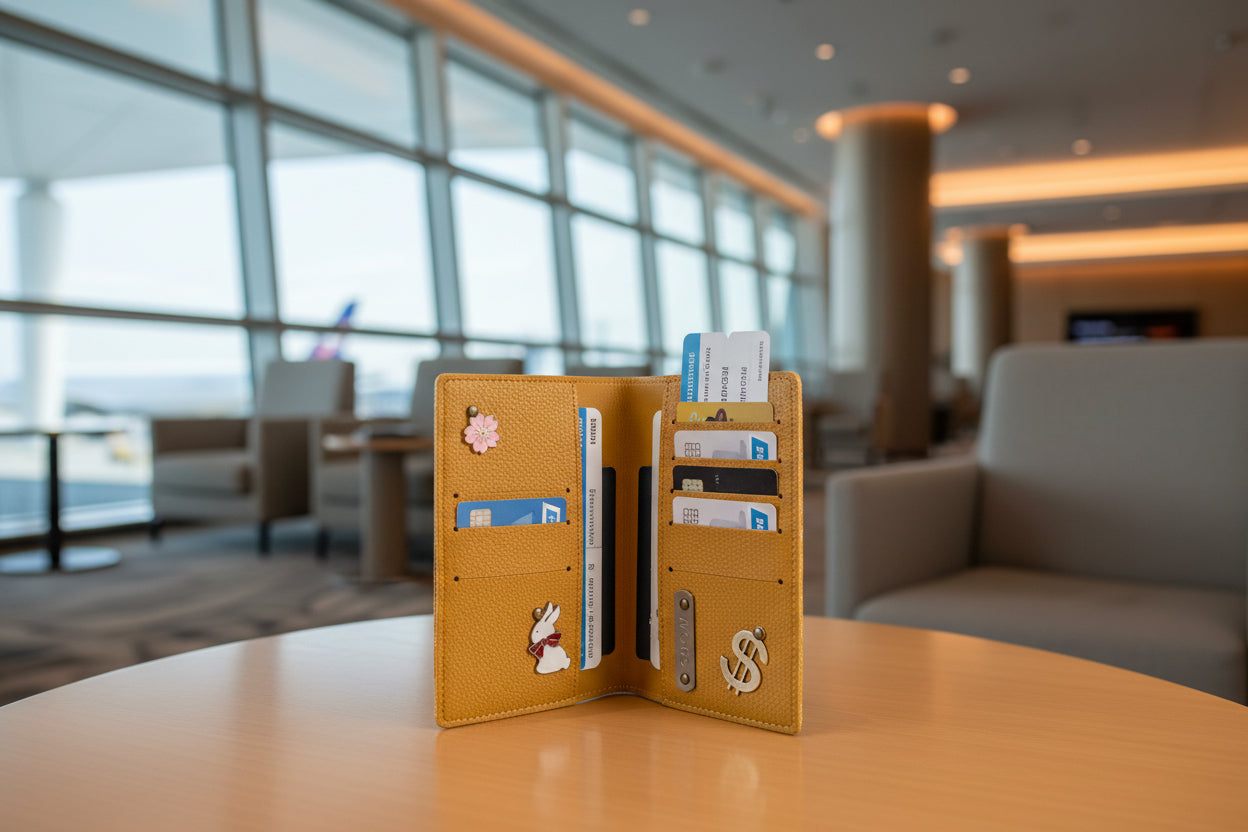 Open tan leather wallet with decorative pins on a white background