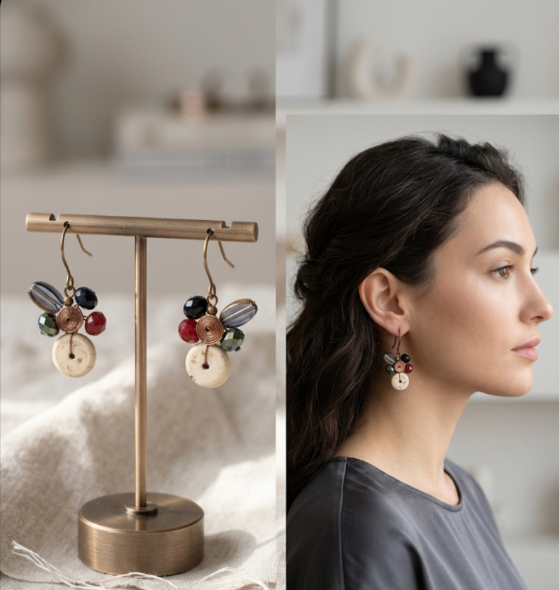 Colorful earrings on a stand and a woman wearing them.