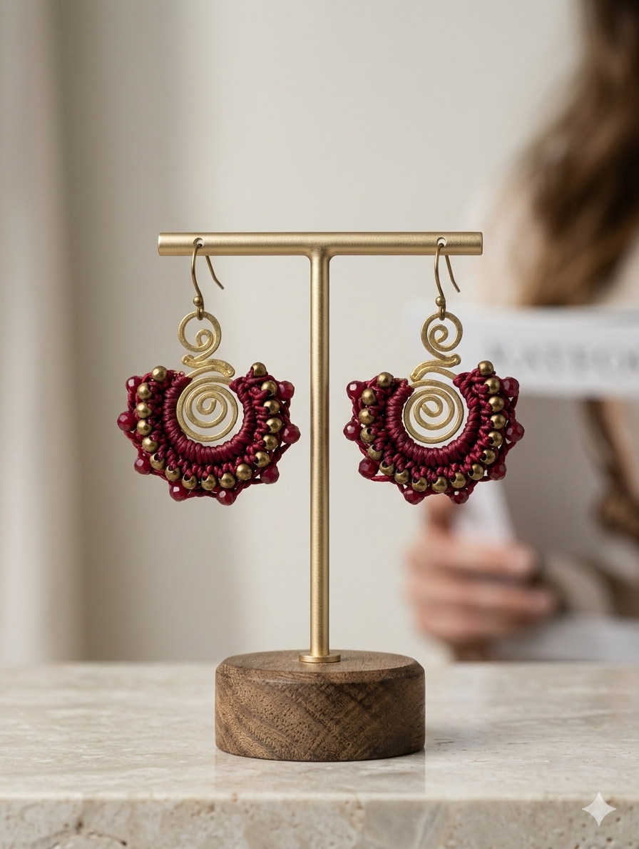 Decorative earrings on a gold stand with a wooden base, blurred background