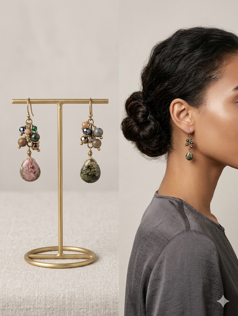 Woman wearing earrings with a gold earring stand displaying additional earrings.