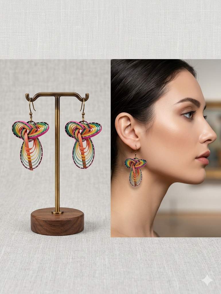 Colorful butterfly-shaped earrings on a stand and worn by a model.