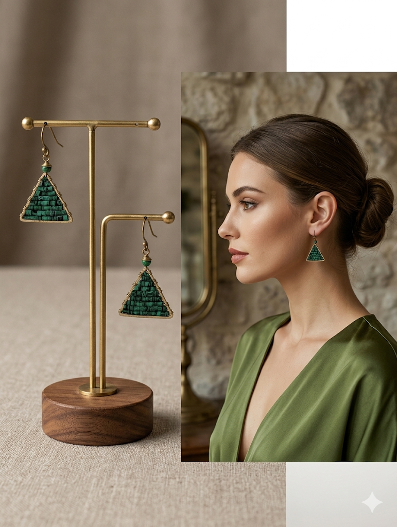 Green triangle earrings on a gold stand with a woman wearing them.