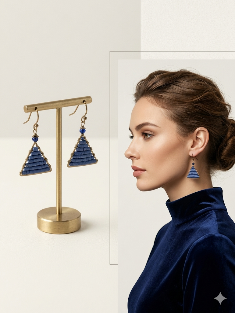 Blue triangle earrings on a gold stand and a woman wearing them.