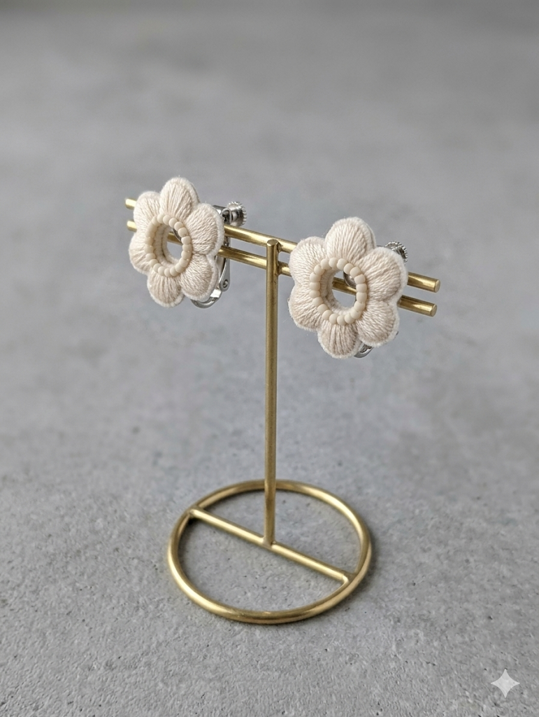 Pair of white floral earrings on a gold stand against a gray background