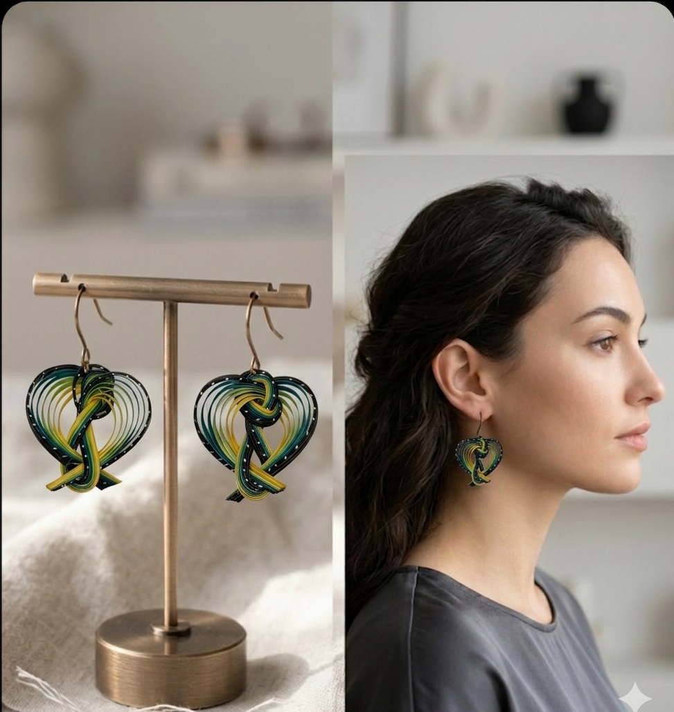 Green and yellow earrings on a stand and worn by a person.