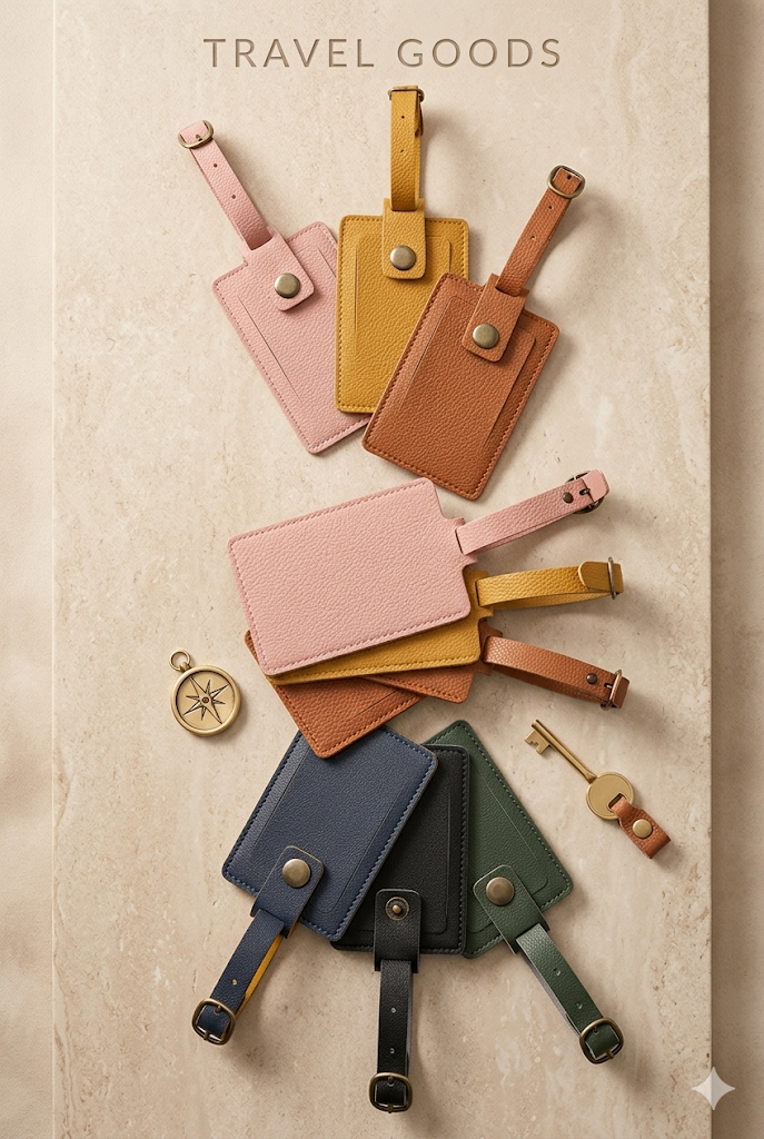 Set of colorful leather luggage tags on a beige background with 'Travel Goods' text.